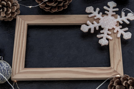 Christmas decoration with Empty wooden frame for work about design element.  Selective focus,...