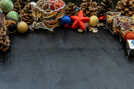 Wide arch shaped Christmas decoration border. Twigs christmas tree, brown natural pine cones and and...