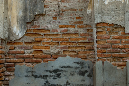 Background texture from old red brick wall with cracked plaster, Old wall rupture brick texture...