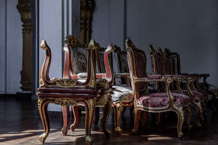 Bangkok, Thailand - Jan 09, 2019 : Pulpit chair antique set within the temple of the Samphanthawong buddhist temple (Wat Samphanthawongsaram Worawihan).のeditorial素材