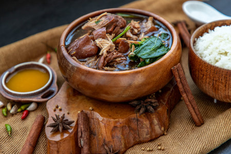 Stewed leg pork with Sweet gravy sauce with Served with jasmine rice , Chinese food, Selective focus...