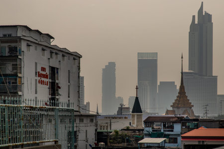 Bangkok, Thailand - Jan 19, 2020 : Bangkok City view of mixed culture region, Template and Church.