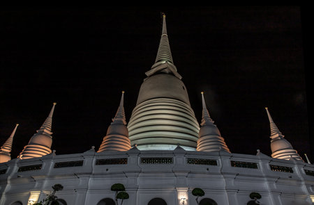 Bangkok, Thailand - 25 Jan 2020 : Phra Borommathat Maha Chedi, The main big white pagoda at night...