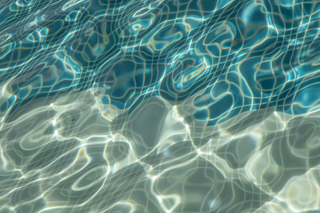 Sun reflection on the blue clear water ripples of swimming pool with mosaic bottom from above. Blue...