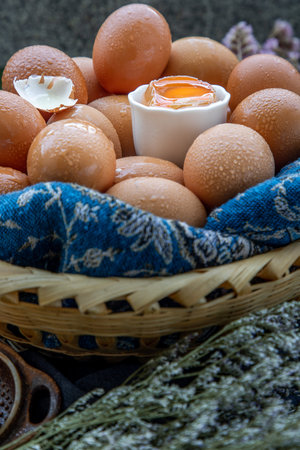 Hen / Close-up of Fresh chicken eggs on basket. Nutrition concept, Selective focus.