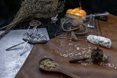 Traditional French sweet dessert : Mayomgchid tart on beautiful background. One piece, Delicious...