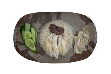 Hainanese chicken rice (Steam chicken with rice) isolated on white background. Hainanese chicken rice with clipping path.の写真素材