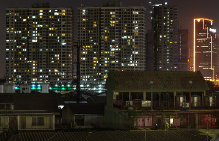 Bangkok, Thailand - 05 Apr 2020 : House and Building in Bangkok downtown at night. No focus,...
