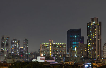 Bangkok, Thailand - 05 Apr 2020 : Bangkok downtown at night view in the business district, Beautiful...