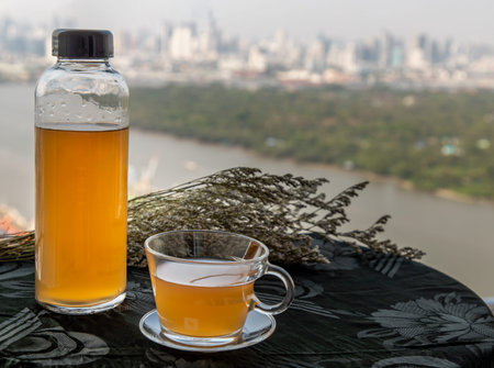 Refreshing and enjoy with a cup of hot ginger juice in the morning. Healthy drink, Selective focus,...
