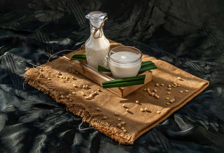 Soy products : A glass of Homemade soy milk and grains (soybeans) in wooden tray and honey with lighting in the morning. Alternative milk concept, Selective focus, Copy space.の写真素材
