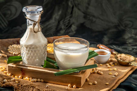 Soy products : A glass of Homemade soy milk and grains (soybeans) in wooden tray Served with brown sugar and honey with lighting in the morning. Alternative milk concept, Front view, Selective focus, Copy space.の写真素材