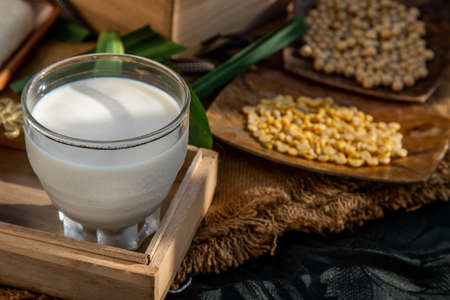 Soy products : A glass of Homemade soy milk and grains (soybeans)  on wooden tray with lighting in the morning. Alternative milk concept, Selective focus.の写真素材