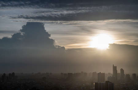 Bangkok, thailand - May 27, 2020 : Sky view of Bangkok with skyscrapers in the business district in Bangkok in the evening beautiful twilight give the city a modern style. Selective focus.の写真素材