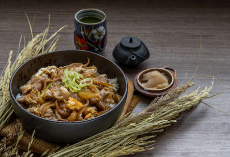 Japanese pork rice bowl with egg and onion (Donburi) served with pickled ginger and green tea on wooden table. Japanese food style.の写真素材