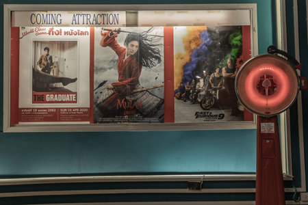 Bangkok, Thailand, Jul 03, 2020 : The classic moment of movie poster with red vintage scale at The...