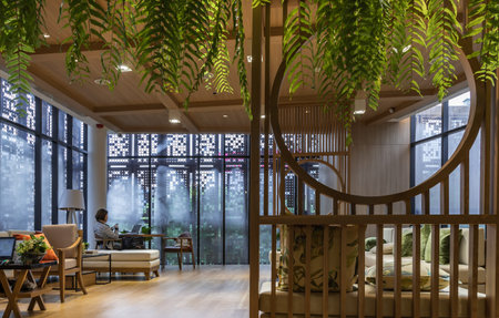 Bangkok, Thailand, Jul 25, 2020 : Cozy space for living room. Relaxing space in condominuim common...