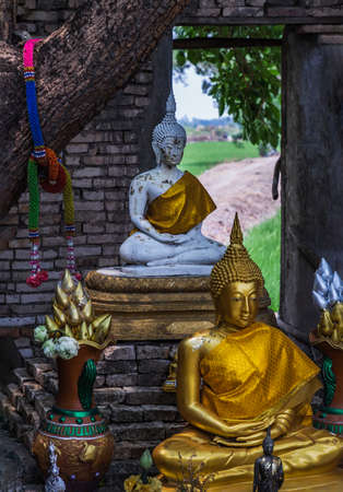 Nakhon Nayok, Thailand - Mar 21, 2020 : Buddha statue at The ancient of a 200 year old church. Wat Pah Krathum. Selective focus.のeditorial素材