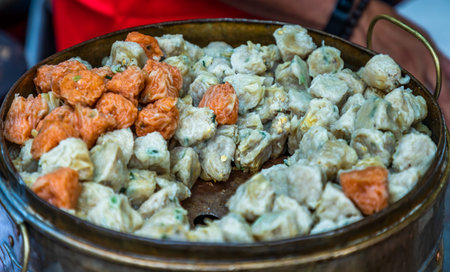 'Shumai' (Shaomai) or Kanom Jeeb' a 'Dim Sum' Chinese traditional steamed dumplings food with shrimp...