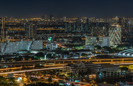 Bangkok, thailand - Aug 28, 2020 : Bangkok downtown cityscape with skyscrapers at night give the...