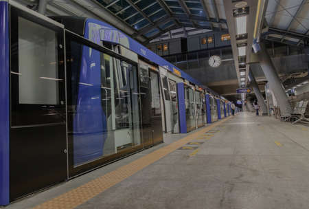Bangkok, thailand - Sep 18, 2020 :  Inside large modern Tha Phra BTS Skytrain Station of the central business district of Bangkok. The Bangkok Mass Transit System. Selective focus.のeditorial素材