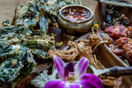 Traditional Thai Snack : Peanut crackers made from nuts and flour to fry, Deep Fried Bean cookies peanut, Top view, copy space.の写真素材