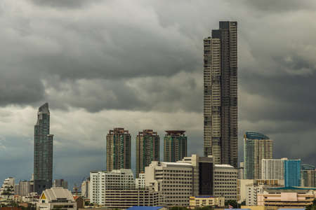 Bangkok, Thailand - Aug 13, 2020 : Bangkok beautiful skyscrapers. Bangkok city district office building and center for business in the evening. Selective focus.のeditorial素材