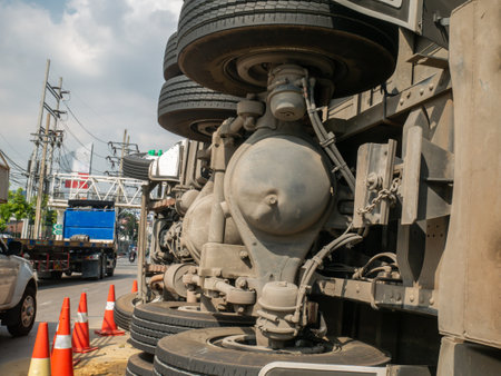 A view of under the truck carrying a container overturned on a road under a bridge over an intersection.のeditorial素材