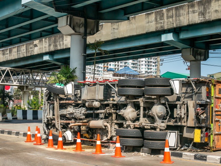 A view of under the truck carrying a container overturned on a road under a bridge over an intersection.のeditorial素材