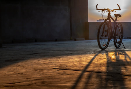 Yellow evening sun rays pass through Mountain bike wheels in the parking lot. Close-up shot,...