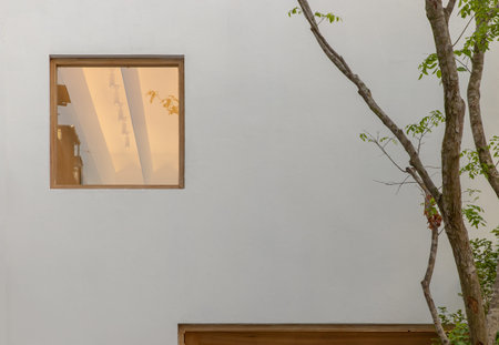 windows house reflected on the glass window on white walls. Selective focus.の写真素材