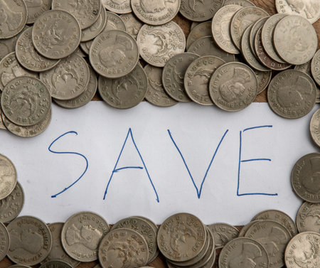 The word SAVE in big pile of coins on rustic old wooden table for concept for growth and saving...