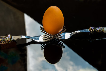 Fresh chicken egg (Hen egg) balanced on a composition of two intertwined forks with fresh chicken...