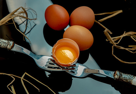 Fresh chicken egg (Hen egg) balanced on a composition of two intertwined forks with fresh chicken...