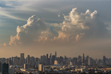 Bangkok, Thailand - May 09, 2021 : Aerial view of Beautiful scenery view of Skyscraper Evening time before Sunset creates relaxing feeling for the rest of the day. Selective focus.のeditorial素材