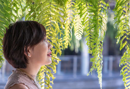 Portrait of a young Asian woman enjoy and relax on green ferns leaves background. Side view, Happy woman in nature concept, Selective focus.の写真素材