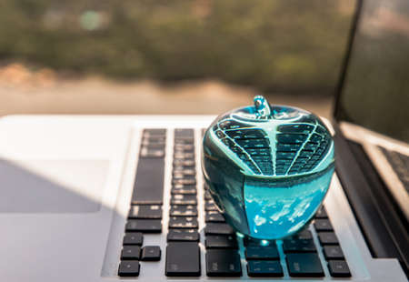 Glass crystal blue apple on laptop keyboard on a wooden table at balcony and nature view. Selective focus.の写真素材