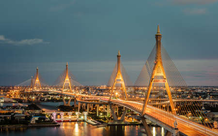 Bangkok, thailand - 05 Jul, 2021 : Bhumibol suspension bridge cross over Chao Phraya River at evening. Is one of the most beautiful bridges in Thailand. Selective focus.のeditorial素材