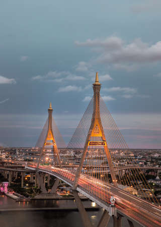 Bangkok, thailand - 05 Jul, 2021 : Bhumibol suspension bridge cross over Chao Phraya River at evening. Is one of the most beautiful bridges in Thailand. Selective focus.のeditorial素材