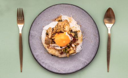Green curry with chicken (Kaeng kheow hwan with chicken) on top of soft rice noodle on ceramic plate. Authentic Thai food, Selective focus.の写真素材