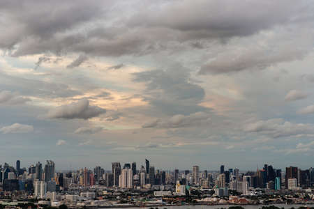 Bangkok, Thailand - Aug 08, 2021: Aerial view of Beautiful scenery view of Skyscraper Evening time Sunset creates relaxing feeling for the rest of the day. Selective focus.のeditorial素材