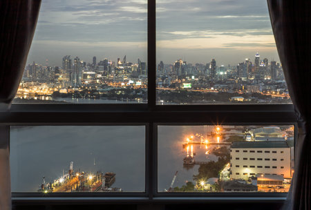 Bangkok, Thailand - Aug 08, 2021: Aerial view of Beautiful scenery view of Skyscraper Evening time...