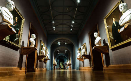 London, United Kingdom - Apr 19, 2019 : Interior of The National portrait gallery at Trafalgar Square. art and museum artifacts of London. Selective focus.のeditorial素材