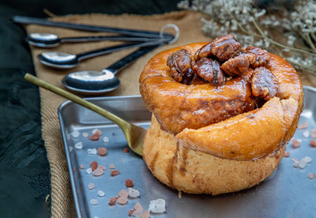 Traditional French sweet dessert : Spinach Brioche on the wooden tray. One piece, Delicious seasonal...