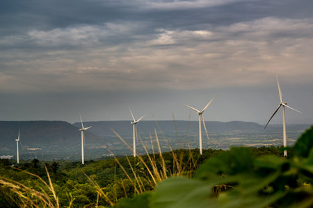 Nakhonratchasima,  thailand -14 Nov, 2019 : Lamtakhong Wind Turbine Generators on mountain at...
