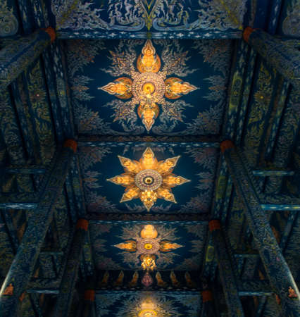 Chiang Rai, Thailand - Sep 05, 2020 : Elaborate sculptures inside the Buddhist church at the famous Wat Rong Suea Ten (Blue Temple) in Chiang rai, Thailand. Selective Focus.のeditorial素材