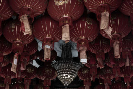 Many red Chinese lanterns in Interior at templeのeditorial素材