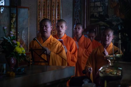Bangkok, Thailand - 18 Aug 2019 : Chinese monks praying for buddhism worship inside Wat Bhoman...