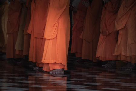 Bangkok, Thailand - 18 Aug 2019 : Chinese monks praying for buddhism worship inside Wat Bhoman Khunaram (Bhoman Khunaram Temple).のeditorial素材