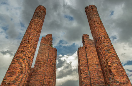 Aytthaya, Thailand, 22 Aug 2020 : The wall made by old red brick background in Pagoda at Wat Thammikarat in The Historical Park of Ayutthaya Thailand. Selective focus.のeditorial素材